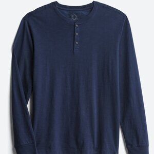 Even Tide Dark Blue Long Sleeve Vintage Wash Henley, Medium